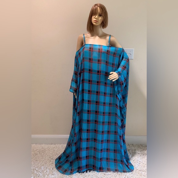 Blue Chiffon Multicolor Handmade Off Shoulder Blue Kaftan Maxi Dress - Picture 2 of 2